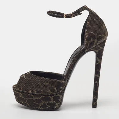 Pre-owned Casadei Size 38.5 Brown Leopard Print Lurex Fabric Ankle Strap Sandals
