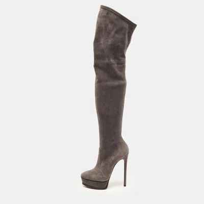Pre-owned Casadei Size 38.5 Grey Suede Knee Length Boots