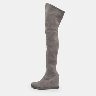 Pre-owned Casadei Size 38.5 Grey Suede Wedge Knee Length Boots