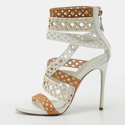 Pre-owned Casadei Size 38.5 White/brown Leather And Suede Stud Embellished Gladiator Sandals
