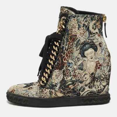 Pre-owned Casadei Size 39 Multicolor Printed Brocade Fabric Chain Link Lace Up Wedge Sneakers