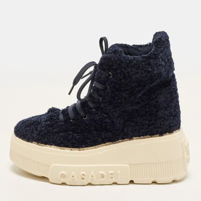 Pre-owned Casadei Size 39 Navy Blue Shearling Fur Combat Boots