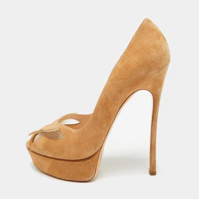Casadei Size 40 Beige Suede Butterfly Platform Peep Toe Pumps In Nude