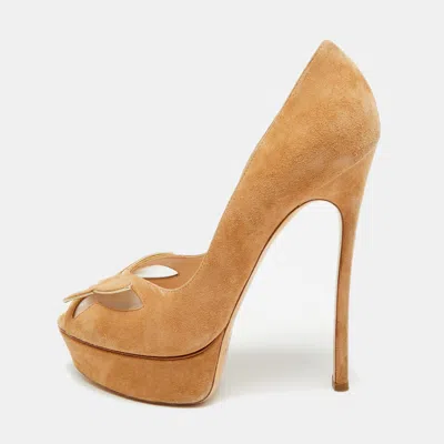 Pre-owned Casadei Size 40 Beige Suede Butterfly Platform Peep Toe Pumps In Sand