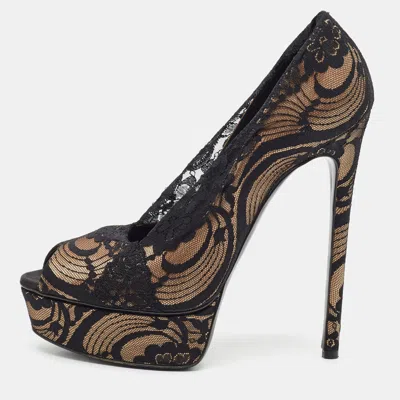Pre-owned Casadei Size 40 Black/gold Lace And Satin Platform Pumps