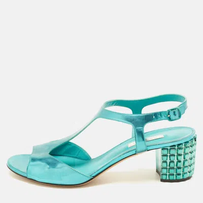 Pre-owned Casadei Size 40 Cadet Blue Patent Leather Block Heel T-strap Sandals