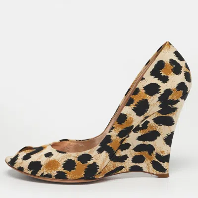 Pre-owned Casadei Size 40 Tricolor Canvas Wedge Peep Toe Pumps In Sand