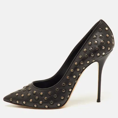 Casadei Size 40.5 Black Leather Studded Pointed Toe Pumps