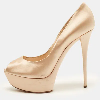 Pre-owned Casadei Size 41 Beige Satin Platform Peep Toe Pumps