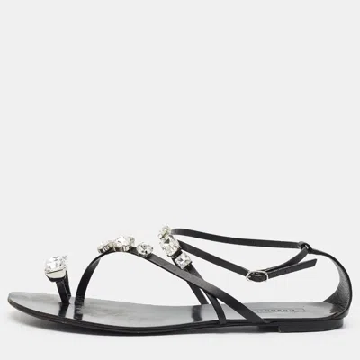 Pre-owned Casadei Size 41 Black Leather Crystal Embellished Ankle Strap Flat Sandals