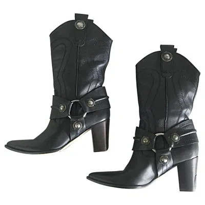 Pre-owned Casadei Size 5 Black Leather Western High Heeled Pointed Toe Cowboy Boots