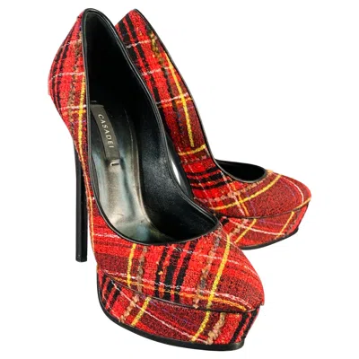 Pre-owned Casadei Size 9 Red Black Yellow Tweed Plaid Leather Trim Platform Pumps
