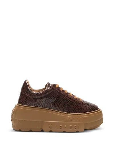 Casadei Snake-effect Platform Sneakers In Brown