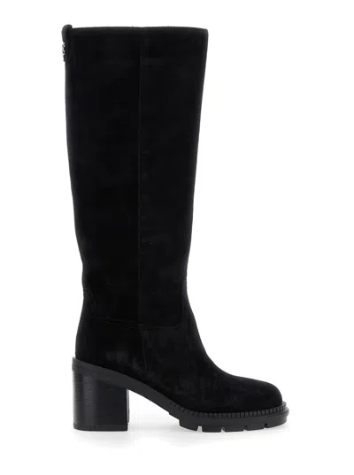 CASADEI BLACK BOOTS WITH ZIP CLOSURE ON THE SIDE AND LOGO EMBROIDERY ON THE REAR IN SUEDE WOMAN