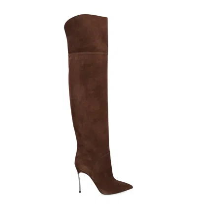 Casadei 100mm Metallic-heel Suede Over-the-knee Boots In Brown