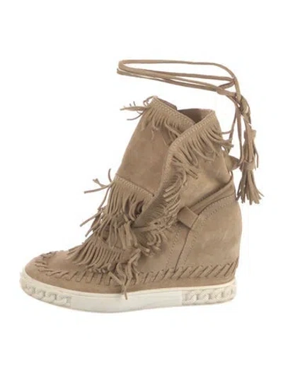 Pre-owned Casadei Suede Fringe Trim Accent Slouch Boots In Neutrals