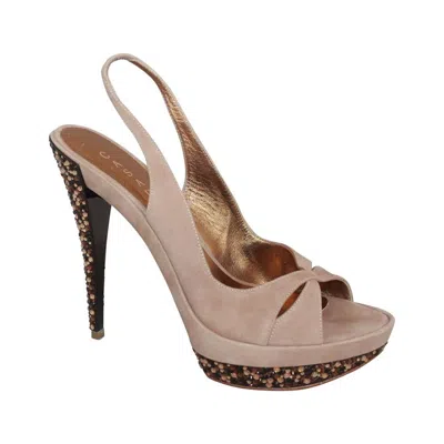 Pre-owned Casadei Tan Suede Open-toe Platform Slingback Heels W/ Swarovski Crystals - 11 In Brown