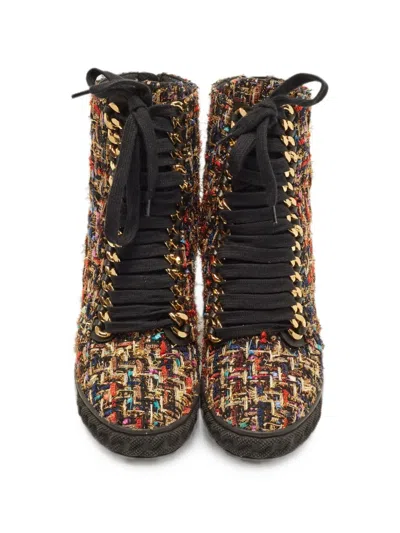 Pre-owned Casadei Tweed Chain-link Wedge Sneakers In Black
