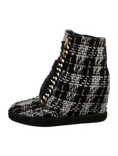 Pre-owned Casadei Tweed Tweed Pattern Boots In Black