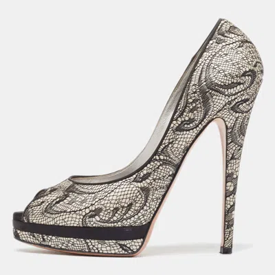 Casadei Two Tone Satin And Lace Peep Toe Platform Pumps Size 38.5 In Black