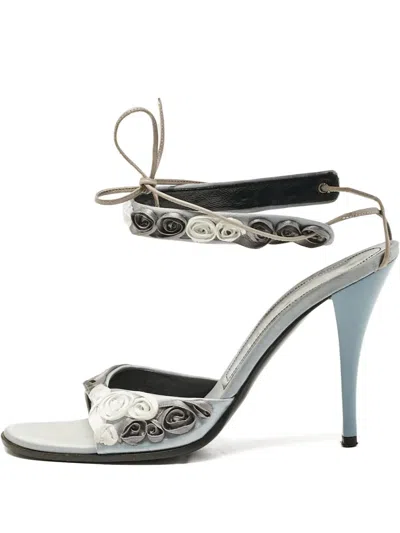 Pre-owned Casadei Vintage 105mm Rose-detail Satin Sandals In Gray