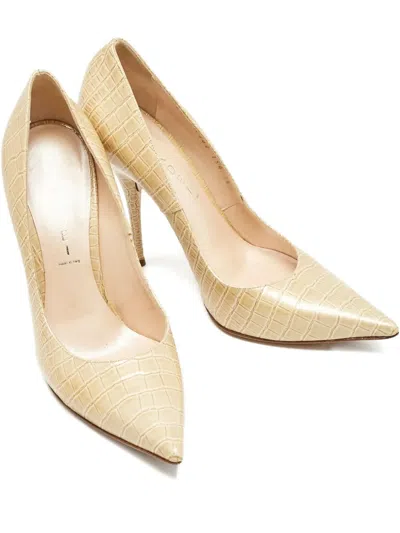 Pre-owned Casadei Vintage 120mm Croc-embossed Patent Leather Heeled Pumps In Neutral
