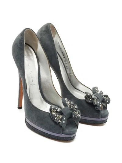 Pre-owned Casadei Vintage 150mm Peep-toe Crystal-embellished Bow Pumps In Gray