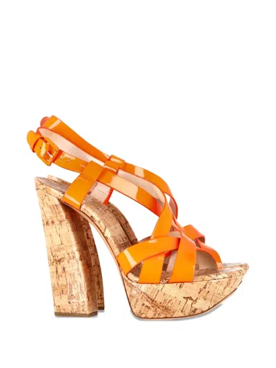 Pre-owned Casadei Vintage Crisscross Block-heel Sandals In Orange