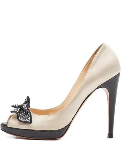 Pre-owned Casadei Vintage Crystal-bow Peep-toe Heeled Pumps In Neutral