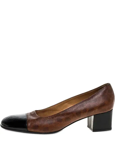 Pre-owned Casadei Vintage  45mm Embossed-leather Block-heel Pumps In Brown