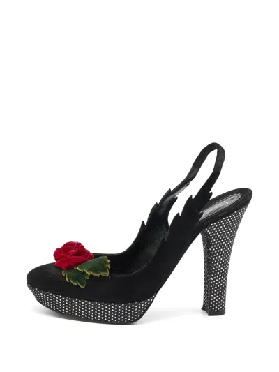 Pre-owned Casadei Vintage Rose-detail Slingback Platform Pumps In Black