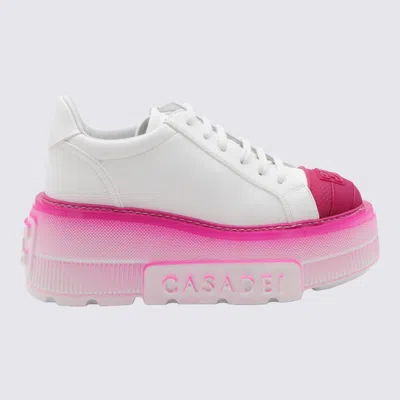 Casadei White And Pink Leather Trainers In White/fuchsia