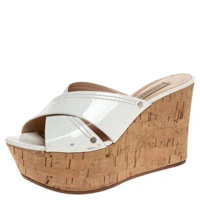 Casadei White Criss Cross Patent Leather Cork Wedge Sandals