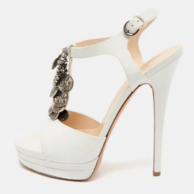 Pre-owned Casadei White Leather Embellished T-strap Sandals Size 39