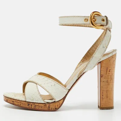 Pre-owned Casadei White Python Embossed Leather Crisscross Ankle Wtrap Sandals Size 37.5