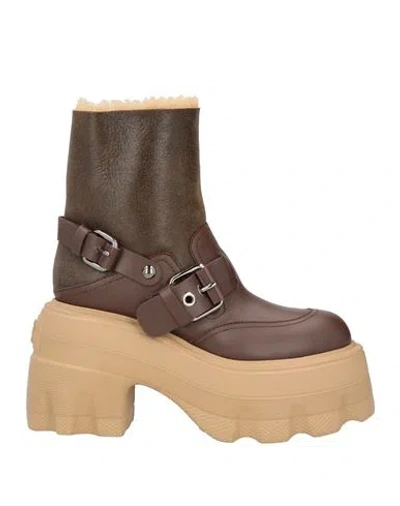 Casadei Woman Ankle Boots Chocolate Brown Size 10.5 Leather, Shearling