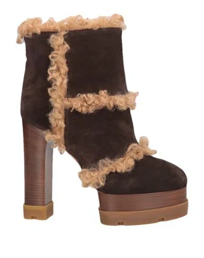 Casadei Woman Ankle Boots Dark Brown Size 8 Leather, Textile Fibers