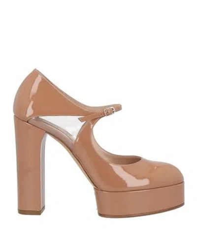 Casadei Woman Pumps Camel Size 6.5 Leather, Textile Fibers