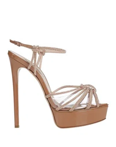 Casadei Woman Sandals Camel Size 8 Soft Leather, Textile Fibers In Beige