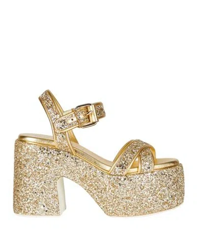 Casadei Woman Sandals Gold Size 5.5 Textile Fibers, Leather
