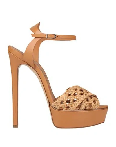 Casadei Woman Sandals Tan Size 10 Leather, Textile Fibers In Brown
