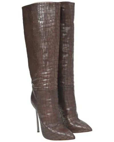 Casadei Women's Leather Croc-embossed Knee High Boot (authentic Pre-loved) In Brown