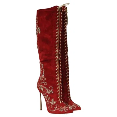 Pre-owned Casadei Womens Knee High Crystal Embellished Boots Us 7 B Red Suede Zip Up 130