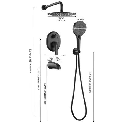Casainc 10 Inch Round Shower System With 3 Setting Handheld, Black Rainfall Shower Head, All-in-one Kit With