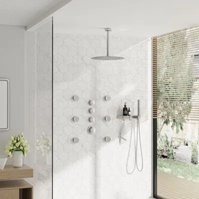 Casainc 12 Inch Rainfall Thermostatic Shower System With Body Jets, And 3-sprays Handheld With A Shelf In Brushed Nickel