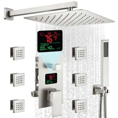 Casainc 12" Lcd Display 3-function Wall Mounted Pressure Balanced Luxury Shower System With 6 Body Jets In Brushed Nickel