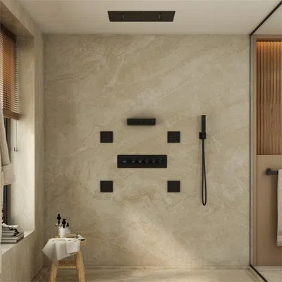 Casainc 23" L X 16" W 5-function Flush Mount Thermostatic Shower System With Neck Massage Spout And 4 Body J In Matte Black