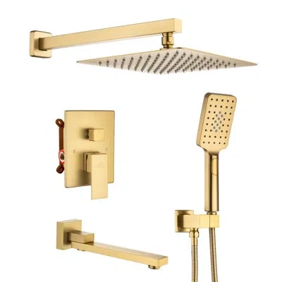 Casainc 3 Function Wall Mount Complete Rainfall Shower System With 3 Setting Handheld And Tub Spout In Brushed Gold