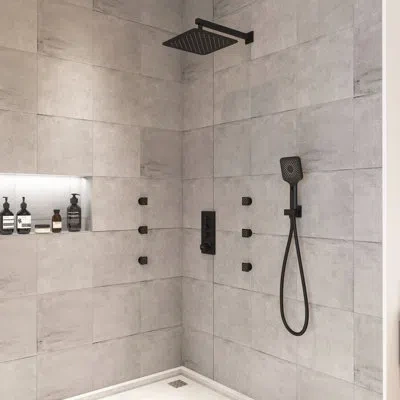 Casainc 3 Functions 12 Inch Wall Mount Thermostatic Shower System With 6 Body Jets In Matte Black