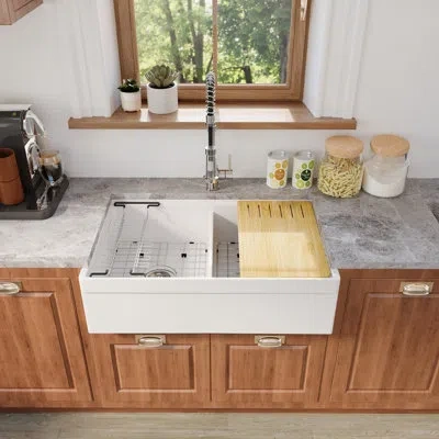 Casainc 33" L Farmhouse Double Bowl Fireclay Kitchen Sink In Glossy White